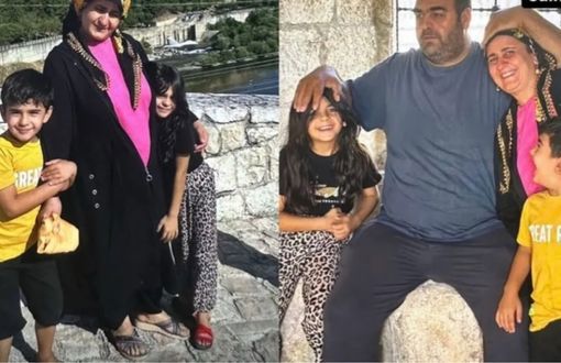 In two frames, Narin Güran is seen with her family. In the first frame, Yüksel Güran, in a long black outfit and a pink blouse, poses with her children in front of a stone railing; Eren wears a yellow T-shirt, and Narin wears a black T-shirt and patterned pants. In the second frame, father Arif Güran, in a navy T-shirt and dark pants, is seated; beside him, Yüksel Güran and the children are smiling. Both frames are shot outdoors in daylight, reflecting a natural, sincere family moment.