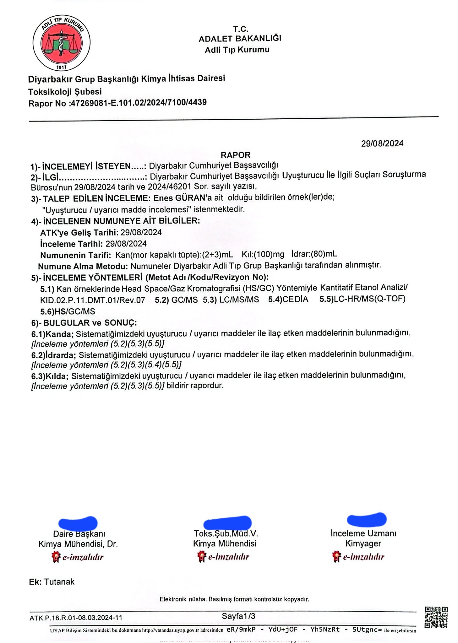 Forensic report showing that Enes Güran did not use drugs.